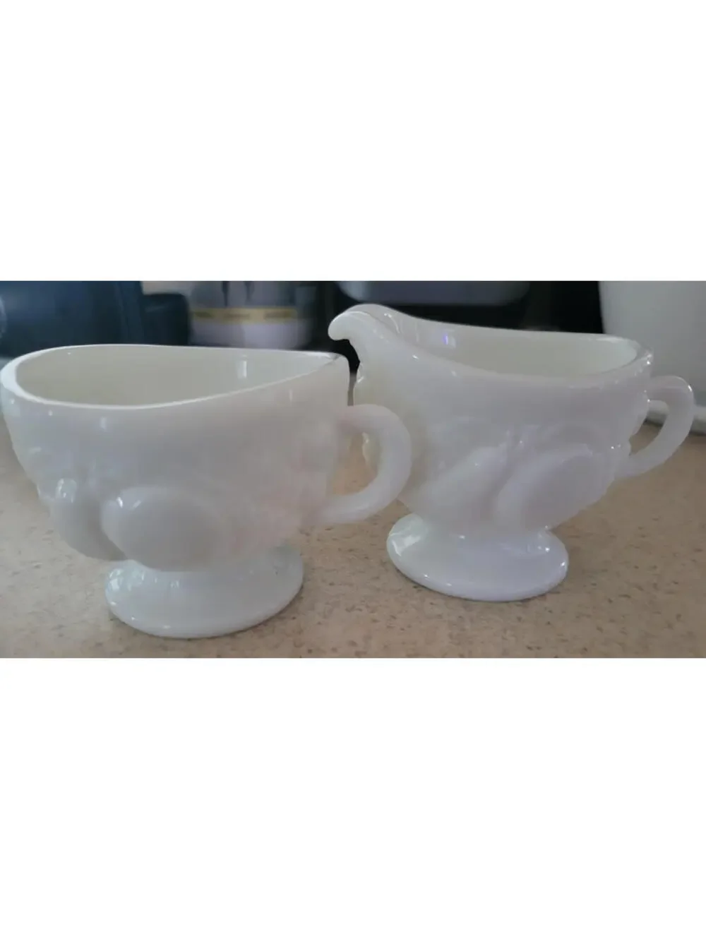 Vintage Westmoreland Della Robbia Milk Glass Creamer & Sugar set Embossed